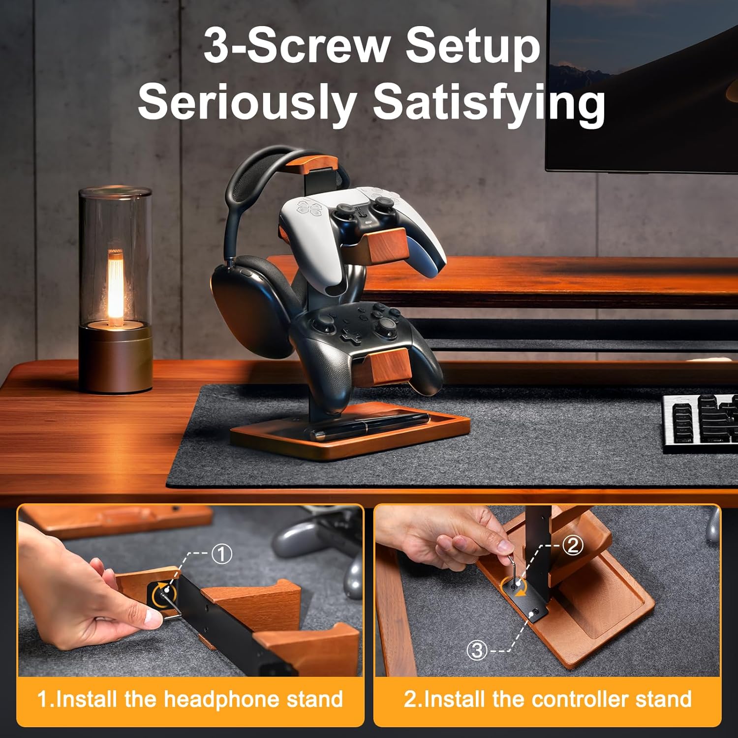 Solid Wood Controller Holder and Headphone Stand, Gaming Controller Stand for Desk, Dual Controller Organizer Rack, Fits Xbox, PS4, PS5, Gamepad, Headset Holder for Son, Husband, Boyfriend