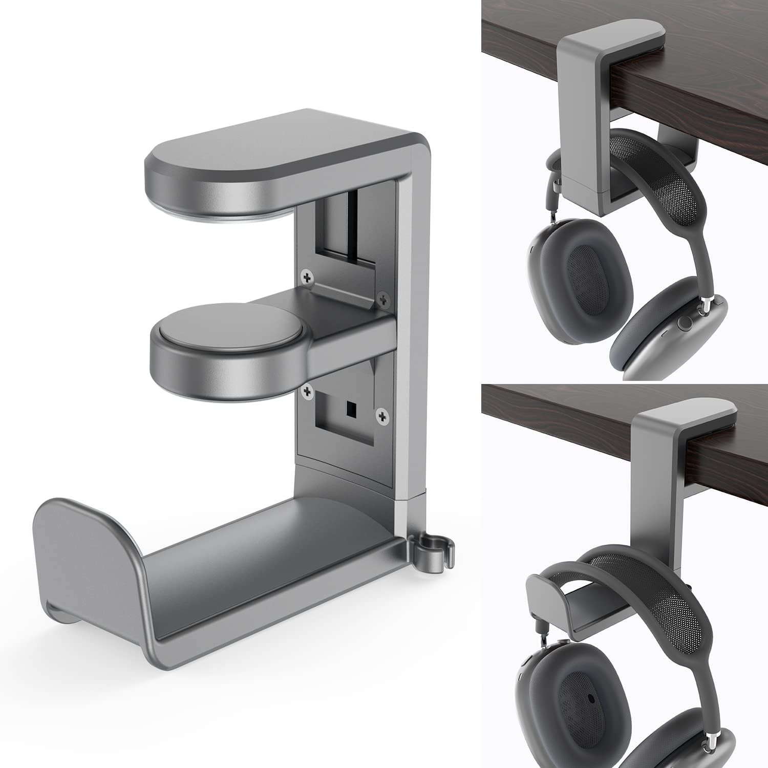 Rotating Headphone Stand - PC Gaming Headset Holder, Adjustable Clamp-on Under Desk Hanger With 360 Degree Swivel & Cable Clip Organizer - Black